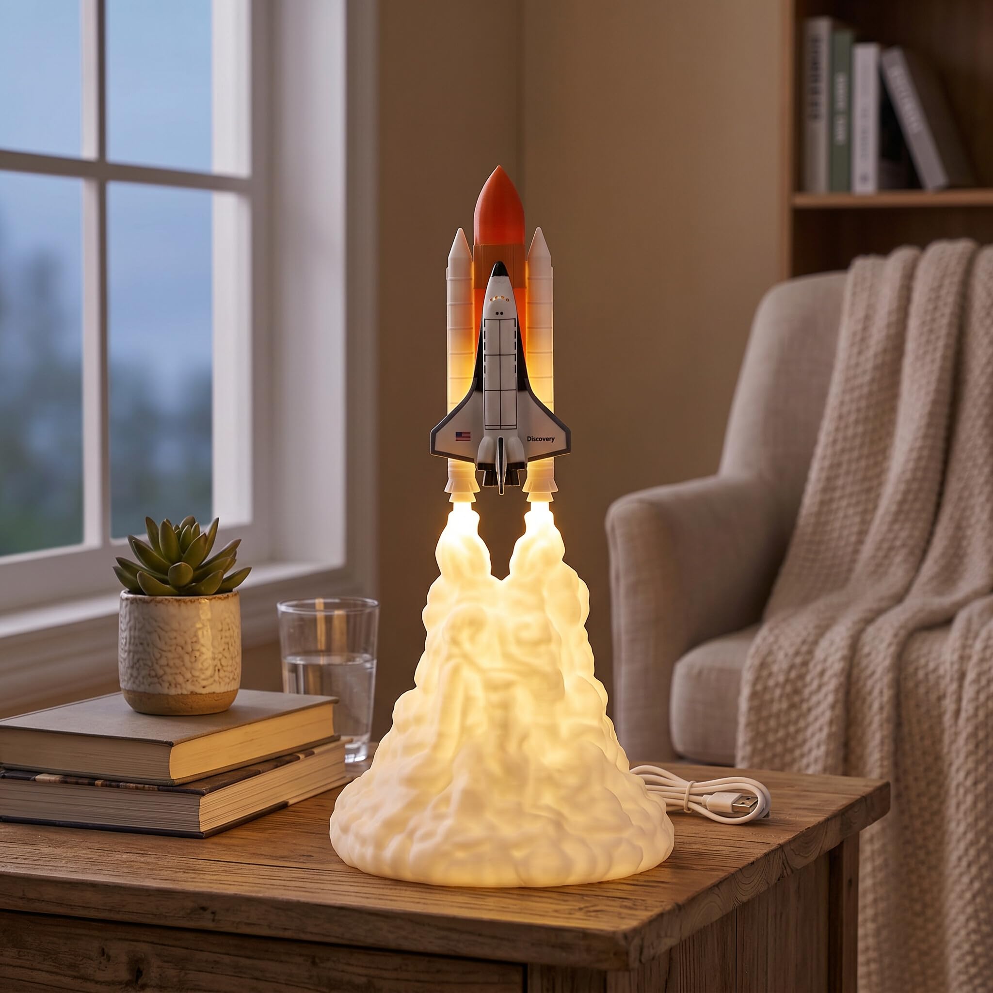 Veilleuse Fusée, 3D LED Veilleuse Lampe de Chargement USB Lampe Navette Spatiale Fusée Décorations de Bureau Anniversaire Décoration Lumineuse de la Maison