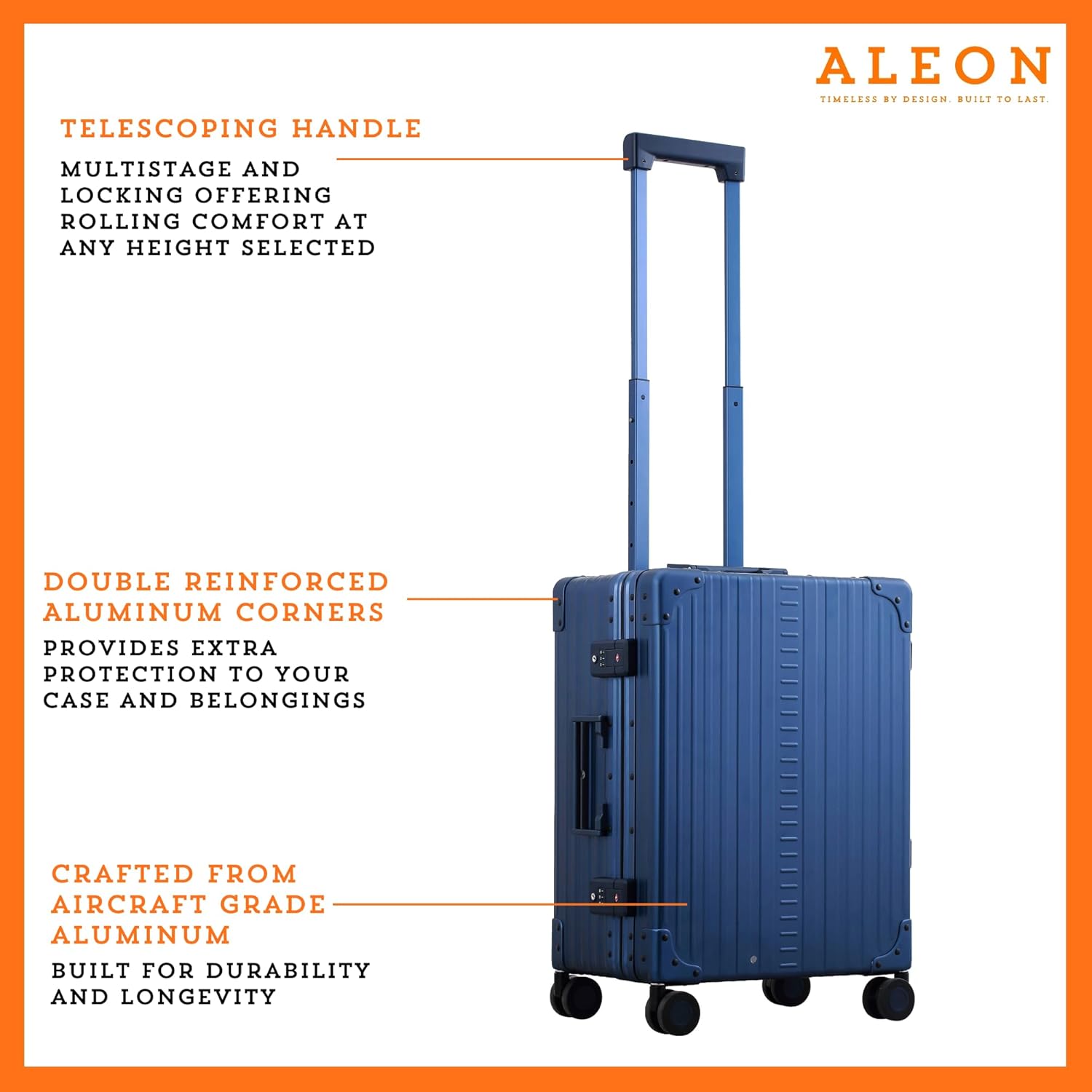 Aleon All Aluminum Lightweight 21" International Carry-On Hardside Luggage with Durable Hardshell, TSA Approved Heavy Duty Spinner Wheels, Rolling Travel Bag for Airplane, Premium Suitcase (Sapphire)