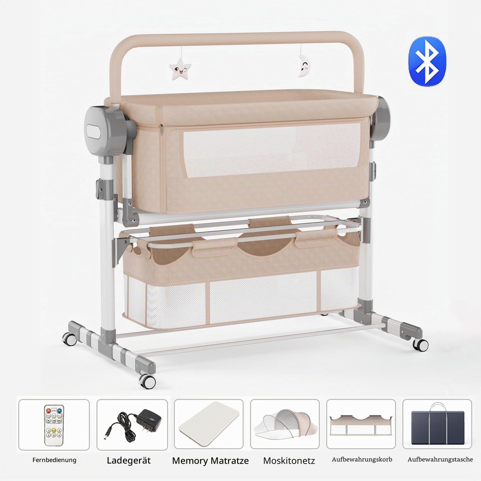 Magic ZC Elektrische Bluetooth Intelligent Beistellbett Baby mit Rollen, Faltbar Co-Sleeping Babybett, Fernbedienung und 5-schwankende Zahnräder, Stubenwagen Kleinkind Wiege mit Musik (608 Khaki)