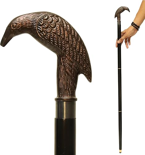 Raven - Bastón hecho a mano con mango de cabeza de cuervo de latón macizo y eje de madera de primera calidad, para apoyo, cosplay o coleccionistas