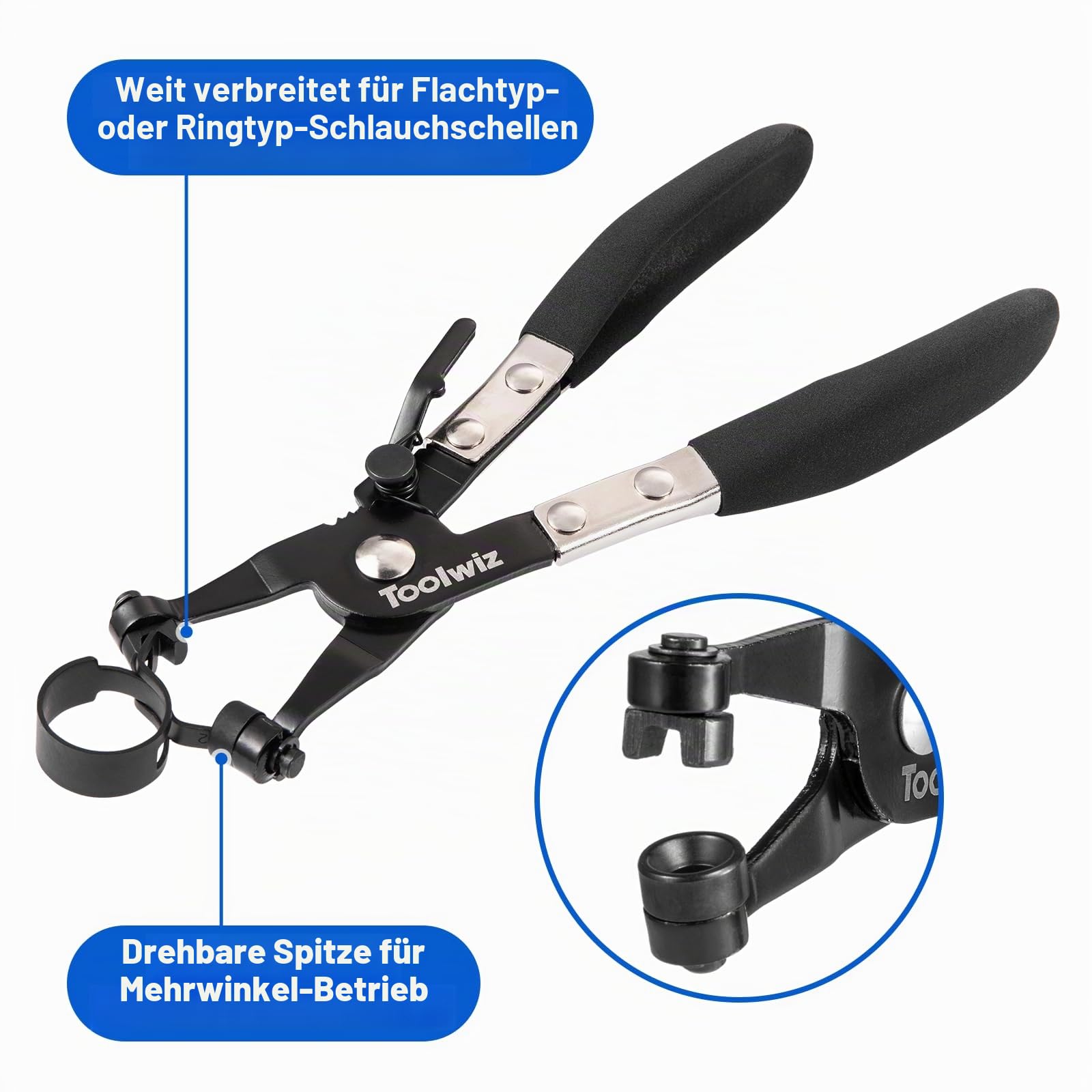 Toolwiz 130 Stück 6–25 mm Federband-Schlauchklemmen-Sortiment mit Schwenkklemmenzange, konstante Spannung, Heizkörperschlauchschellen, schwarze Schlauchschellen für Kraftstoffleitung