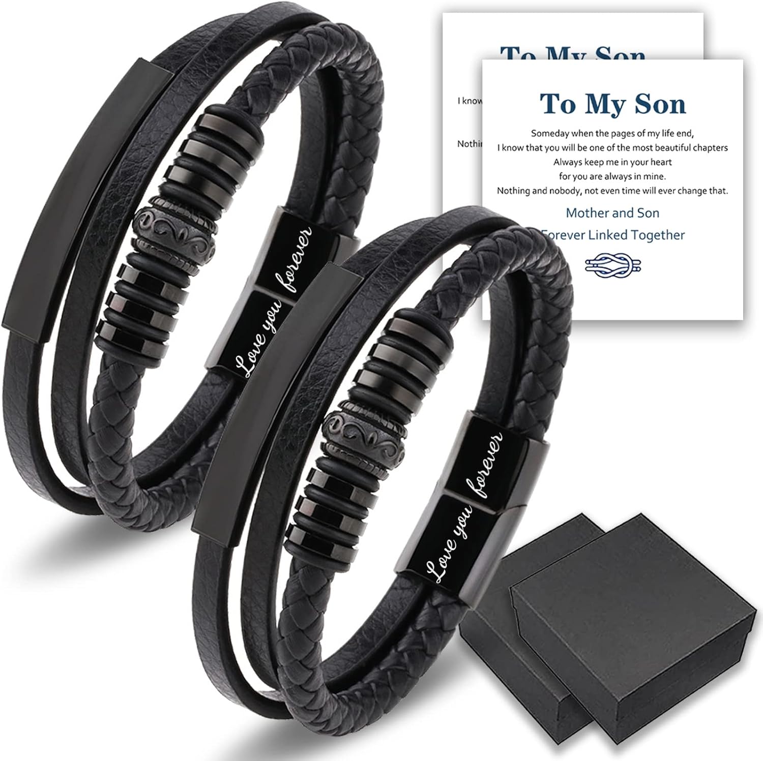 to My Son Bracelet, I Will Always Be with You Braided Leather Bracelet, Stainless Steel Black Inspirational Wristband, Son Bracelet from Mom, Mens Leather Bracelets Braided (2pcs)