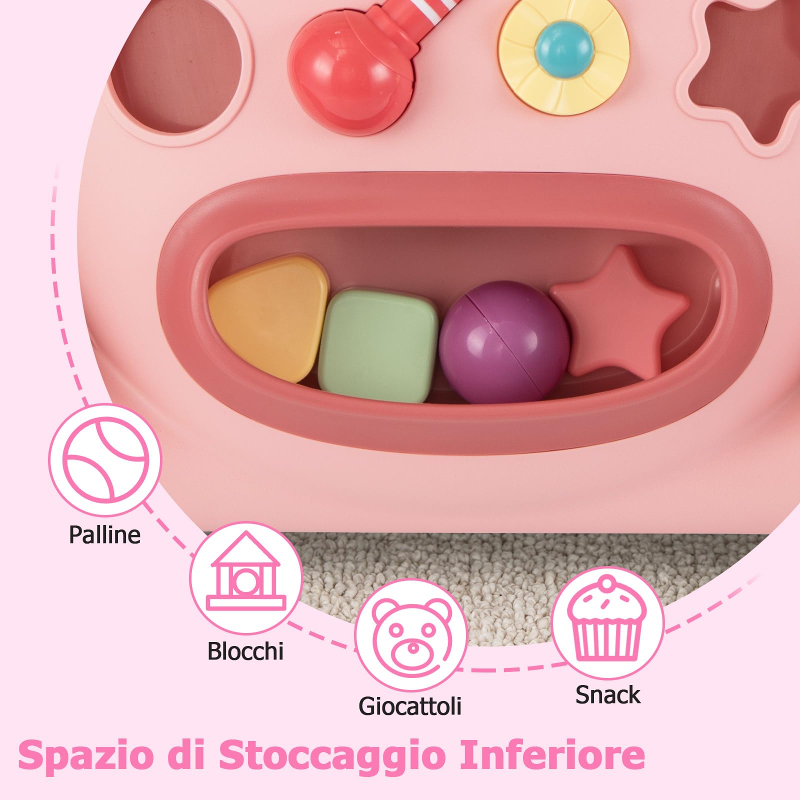COSTWAY Primi Passi per Bambini, Girello Neonato con Giocattoli Montessori, Camminatore Educativo con Musica e Luci, Spazio di Conservazione, per Bambini 6-36 Mesi (Rosa, 57 x 42 x 45,5 cm)