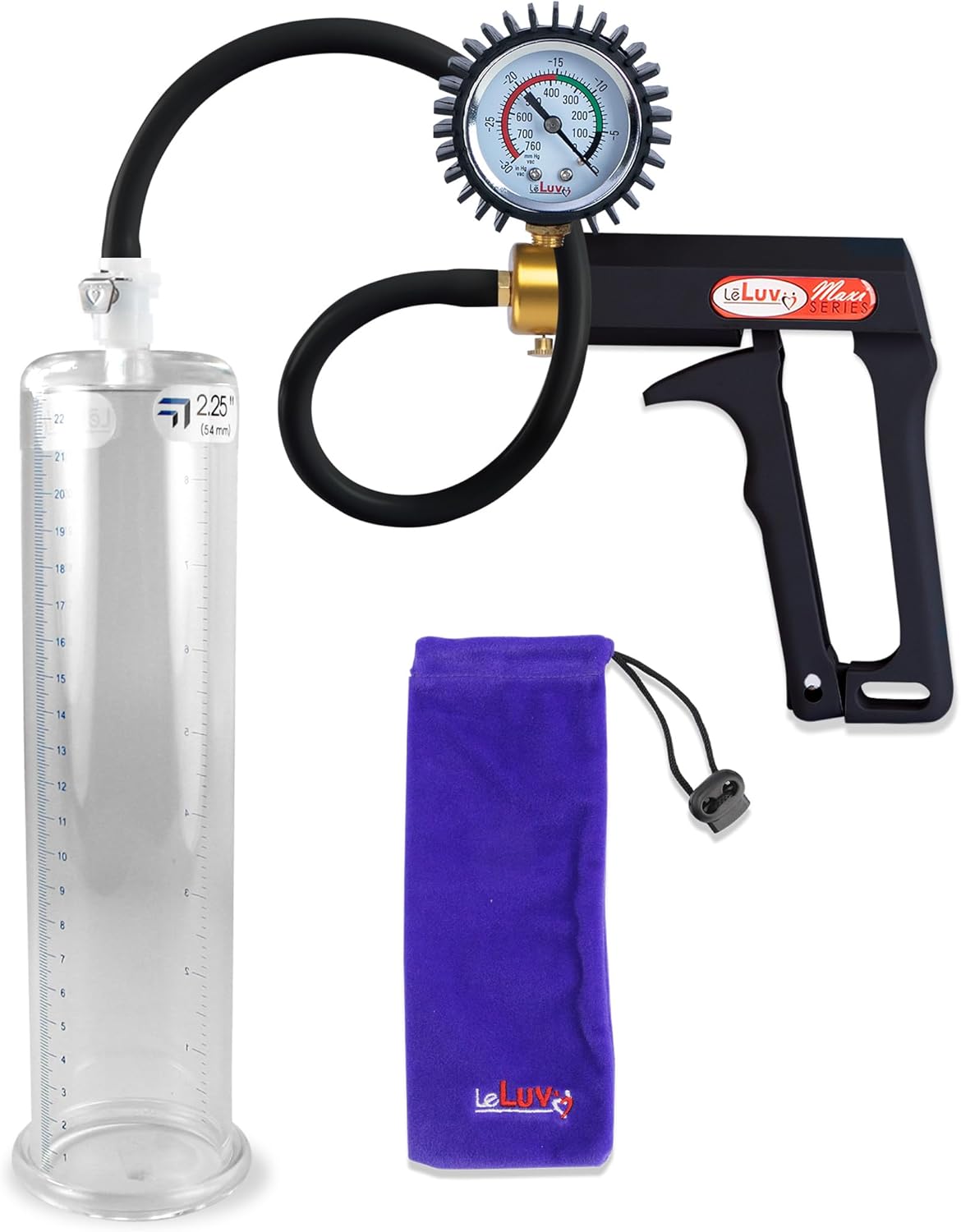 LeLuv Black Maxi Penis Pump with Rubber Protected Gauge Premium Silicone Hose Kit 9 inch Length x 2.25 inch Diameter Cylinder