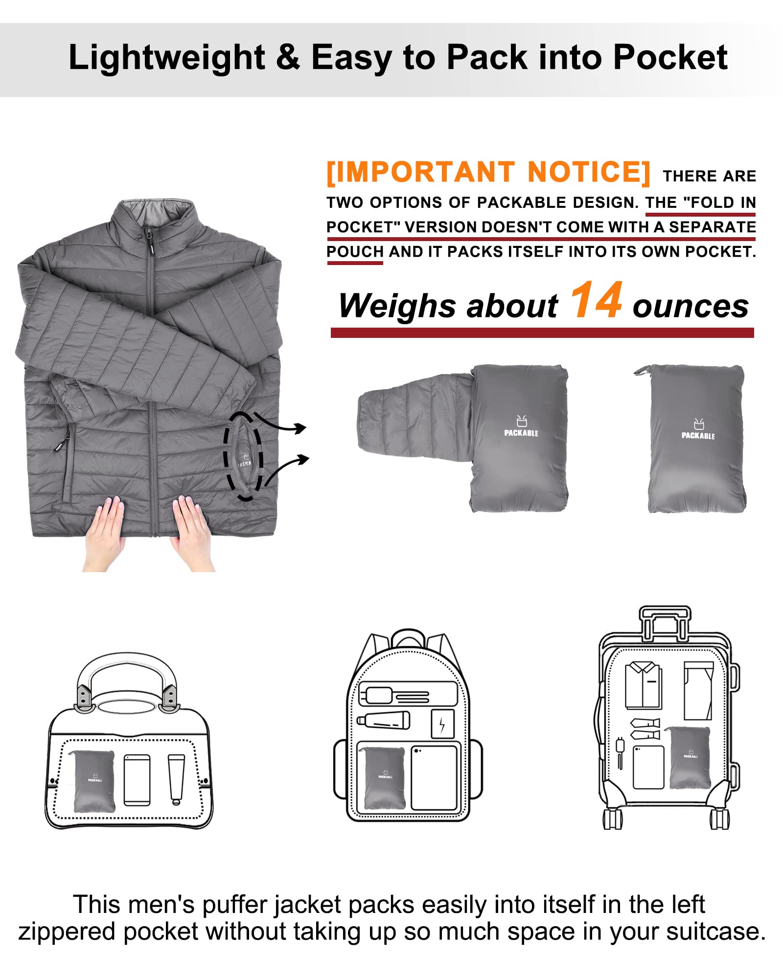 OUTDOOR VENTURES Piumino da uomo leggero e ripiegabile con isolamento a gonfiore caldo e portatile imbottito per escursionismo, viaggi, campeggio