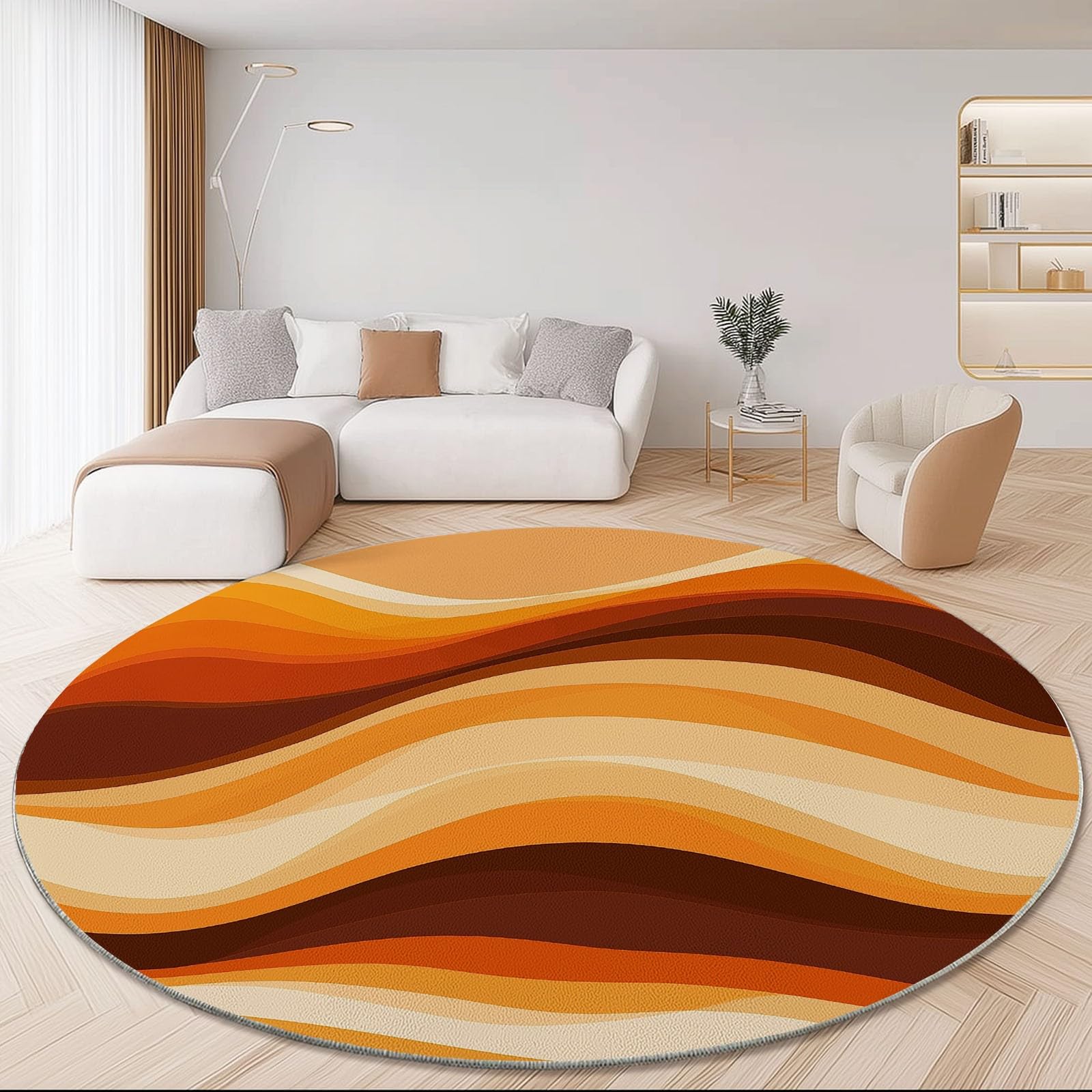 Tapis Rond Design Rétro Vagues Orange et Marron, Diamètre 140 cm Ambiance Années 70 Parfaite pour Salon Vintage ou Bureau, Flanelle Douce à Poils Ras, Base Antidérapante Stable, Pliable, Lavable