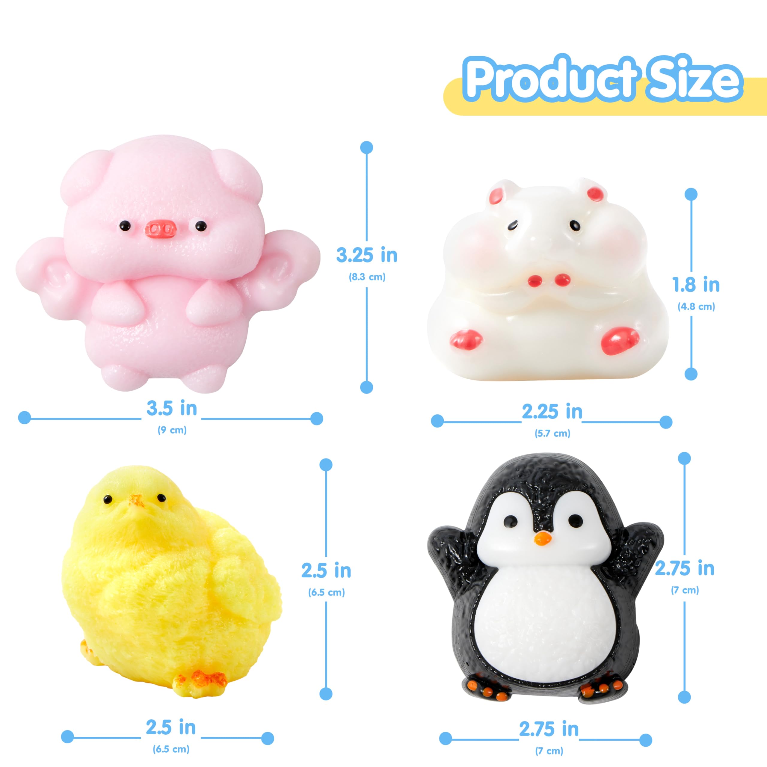 JOYIN 4 szt. Zabawki Taba Zwierzęce Mochi, Ultra Miękkie Kolorowe Zabawki Fufu do Ściskania dla Dorosłych i Dzieci, Wypełniacze do Koszy i Torebek z Łakociami, Prezenty, Różowy, Żółty, Czarny, Biały