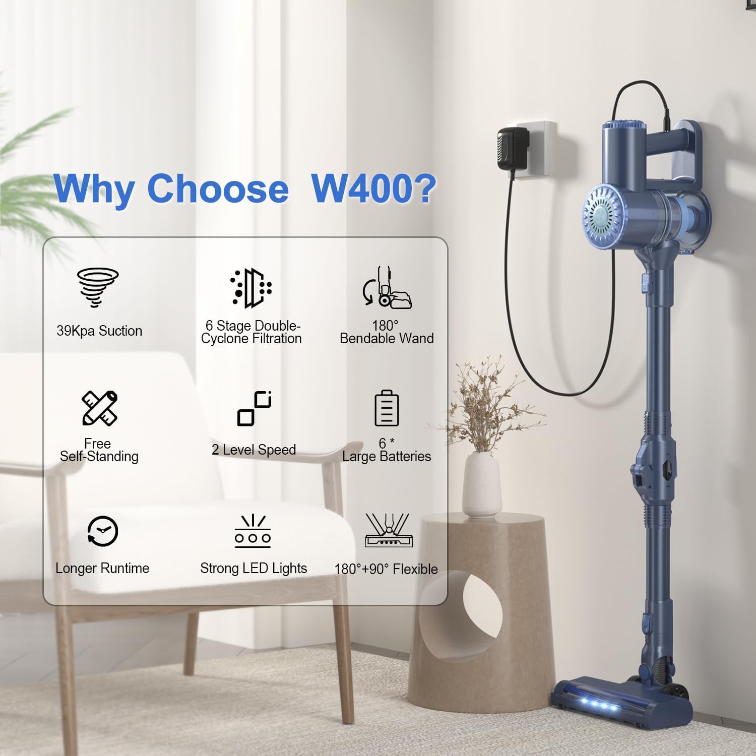 PRETTYCARELIFE Cordless Vacuum Cleaner, Lightweight Stick Vacuum Cleaner, 6 in 1, Self-Standing with Powerful Suction, 180° Bendable Wand Rechargeable Cordless Vacuum for Hardwood Floor (Blue)