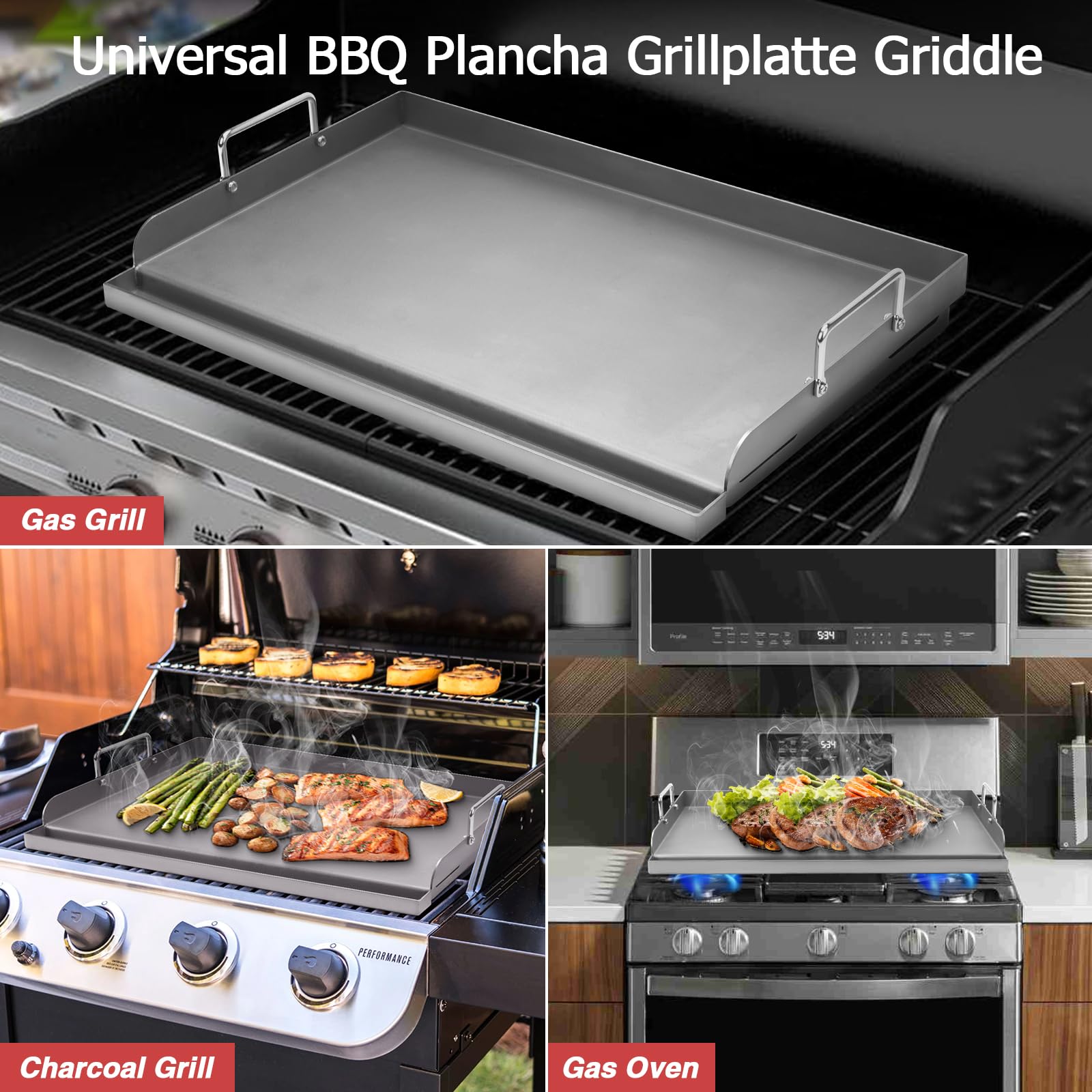 Universal Grillplatte 63,5 x 40,6cm, BBQ Plancha Grillplatte Griddle für Holzkohlegrill, Elektrogrill, Grillplatten für Holzkohle Grillwagen, Gasgrill, Burger und mehr, Große Rechteckige Grillplatte