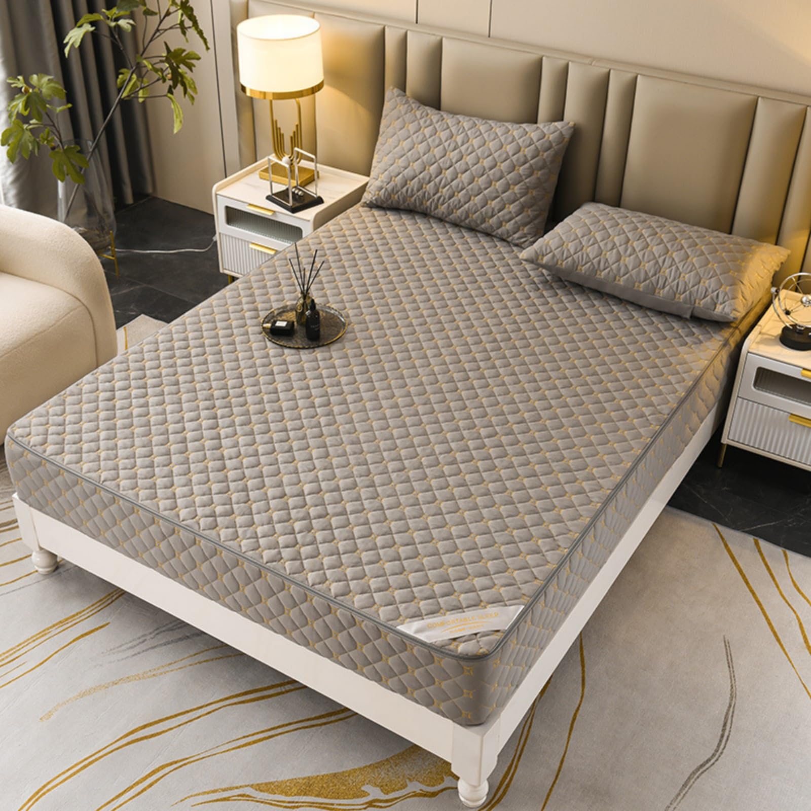 Morbuy Coprimaterasso Singolo Matrimoniale Impermeabile, Coprimaterasso Una Piazza e Mezza Antiacaro con Cerniera Morbida e Traspirante per Materassi Altezza 25cm (180x200+25cm,LA02 Grigio chiaro)