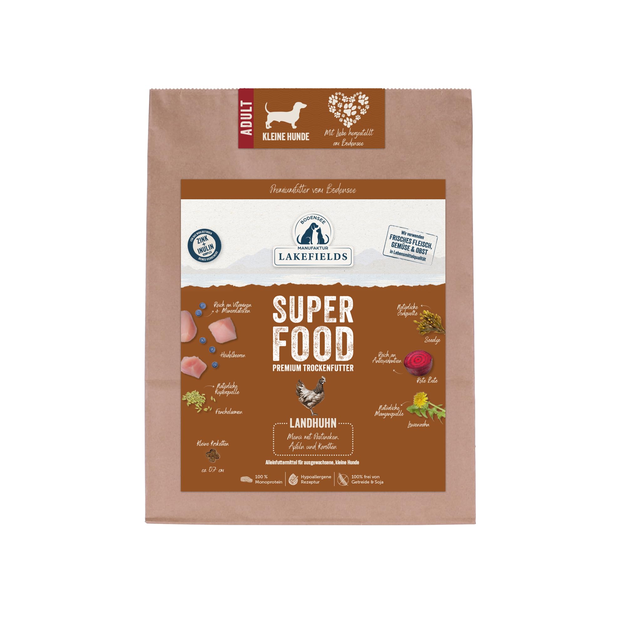 Lakefields SUPERFOOD | sucha karma dla psów premium | 61% kurczak | 4 x 1 kg | bezzbożowa karma dla małych psów | z kompleksem inulinowo-cynkowym, jagodami i czerwonymi burakami | opracowana przez