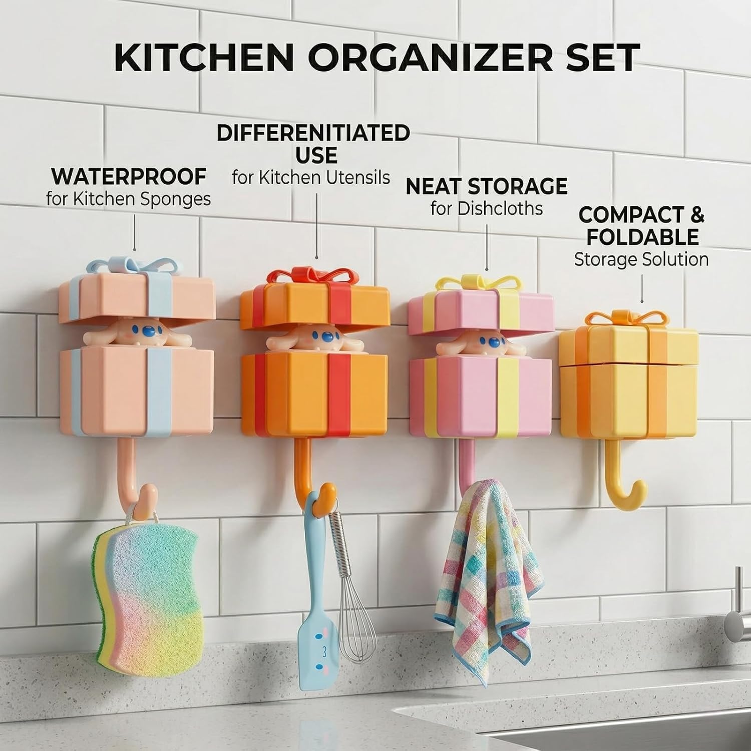 4-Pack Cute Creative Pop Up Key Hooks for Wall and Bag - Decorative Kawaii Room Decor, Adhesive Hanger, Funky Backpack Holder for Kids