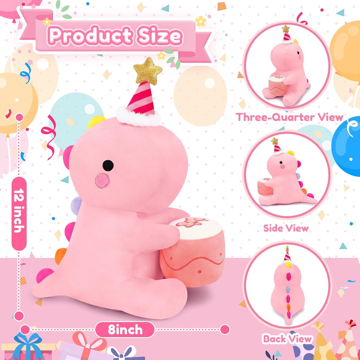 SQEQE Dinosaur Stuffed Animal, Cute Dinosaur Plush Toys with Cake, Dino Plushies Anniversary Birthday Gift for Her Girls Boys Boyfriend Girlfriend(Pink,12 inch)