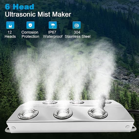 Ultrasonic Mist Maker 6 Heads, 5000ml/H Output Mist Maker Fogger, 250W Waterproof Power Supply, Ideal for Halloween Ambiance, Aquarium misting, Greenhouse and Garden Humidification