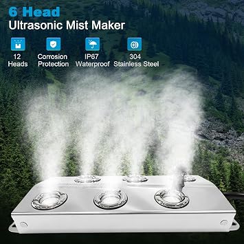Ultrasonic Mist Maker 6 Heads, 5000ml/H Output Mist Maker Fogger, 250W Waterproof Power Supply, Ideal for Halloween Ambiance, Aquarium misting, Greenhouse and Garden Humidification