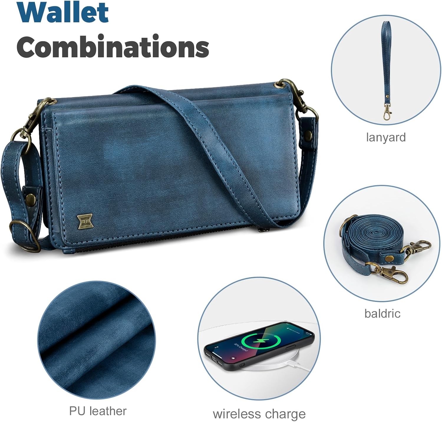 for iPhone 12&12 Pro Wallet Case【RFID Blocking】 PU Leather Phone Case Women Men flip Shockproof Protective Cover with Wrist Strap Zipper Credit Card Holder Slots(Blue)