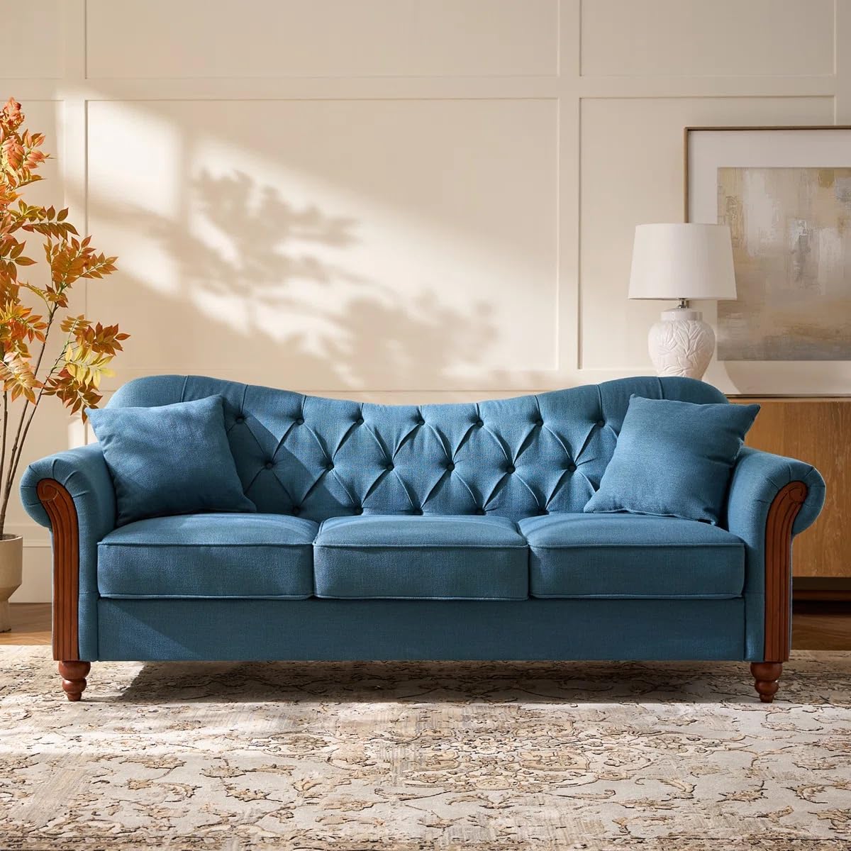 Mario Traditional Tufted Sofa for Living Room | Elegant Tufted Design with Solid Wood Legs | Comfortable Fabric Upholstered 3-Seater Sofa for Home, Office & Hotels (Navy Blue)-image-42