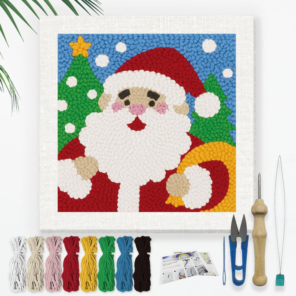 DOODLREAM Santa Claus DIY Punch Needle Embroidery Kit for Adult Beginner, 24 x 24cm Punch Stitching Craft Set for Starter with Wooden Frame, Fabric Pattern, Threader, Yarn, Punch Needle โ image 1