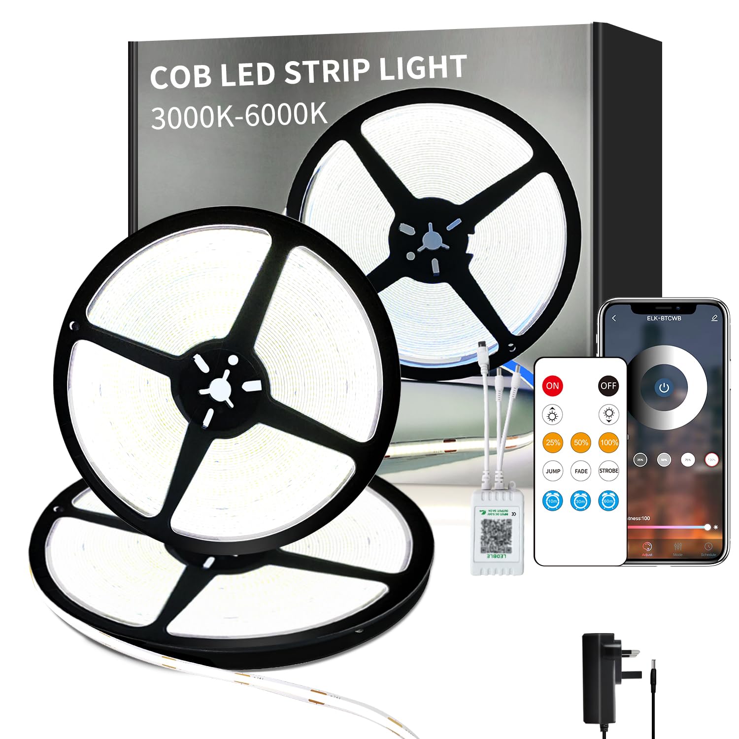 Yeewhale COB LED Strip Lights 6000K 30M 24V Dimmable LED Strip Kit, with Remote and app Control and UKCA Power Supply LED Tape Lights for DIY Home Decoration,White(2 Rolls of 50ft)