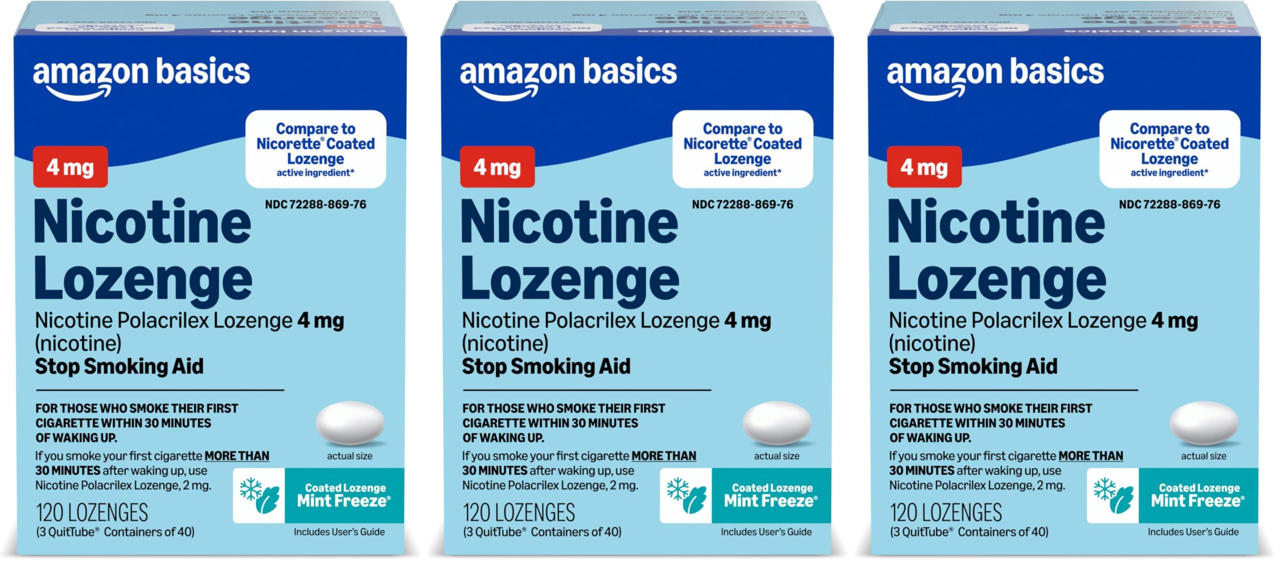 Amazon Basics Coated Ice Mint Nicotine Polacrilex Lozenges, 4 mg, Stop Smoking Aid, 120 Count (Pack of 3) (Previously Care)