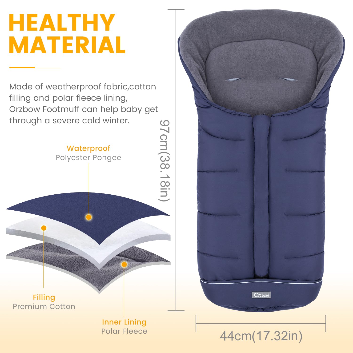 Orzbow Universal Footmuff for Stroller, Winter Warm Baby Bunting Bag, Waterproof Windproof Warm Polar Fleece Lined for Toddler Sleeping Bag, Blue - Image 6
