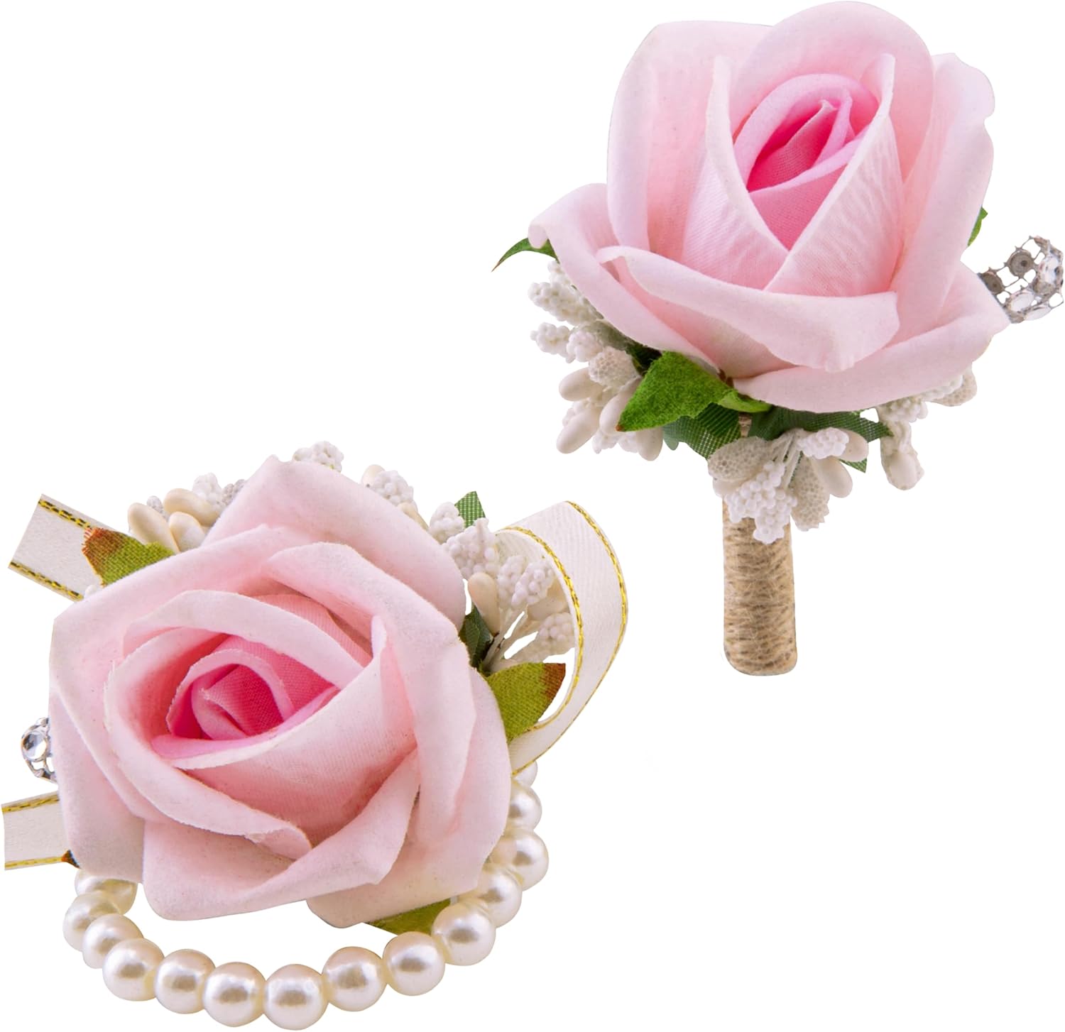SITUMEIZI 2Pcs Pink Corsage and Boutonniere Set Corsage Wristlet for Prom Decor Boutonniere for Men Wedding Flowers Accessories Party Suit Decoration(Light Pink)