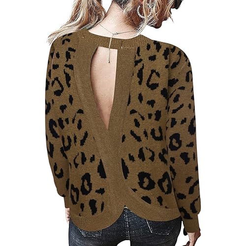 Chigant Women's Leopard Sweater Sexy Wrap Backless Ribbed Knit Round Neck Loose Fit Warm Pullover Jumper Tops