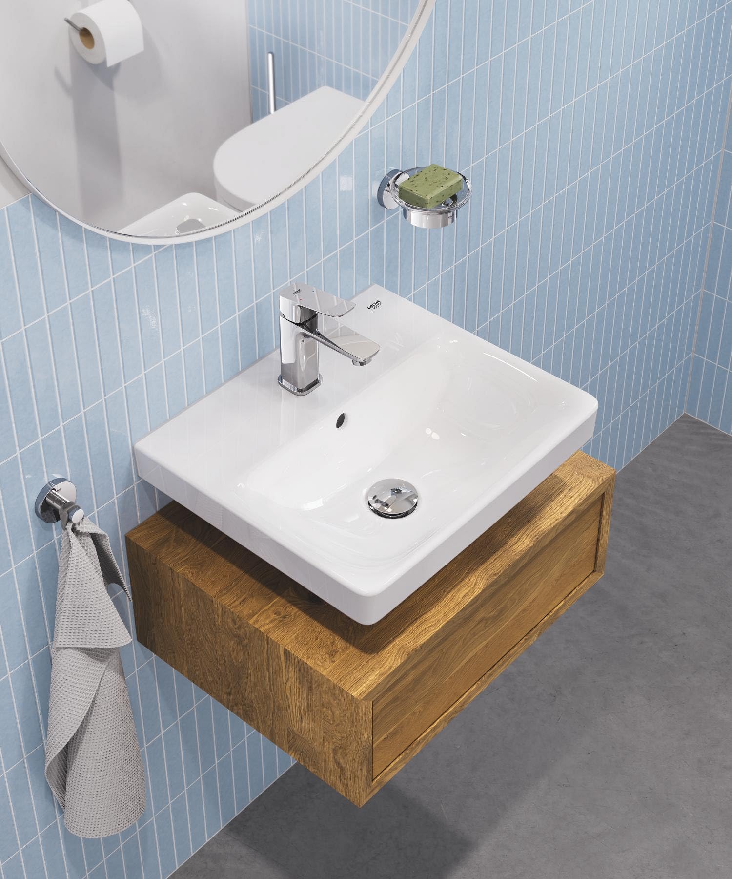 GROHE Dice Grifo Monomando de Lavabo S con Desagüe Push-Open (Cartucho Cerámico 28 mm, Ahorro de Agua, Conexiones 3/8", Fácil de Instalar QuickTool Incluido), Cromado, 1018570000