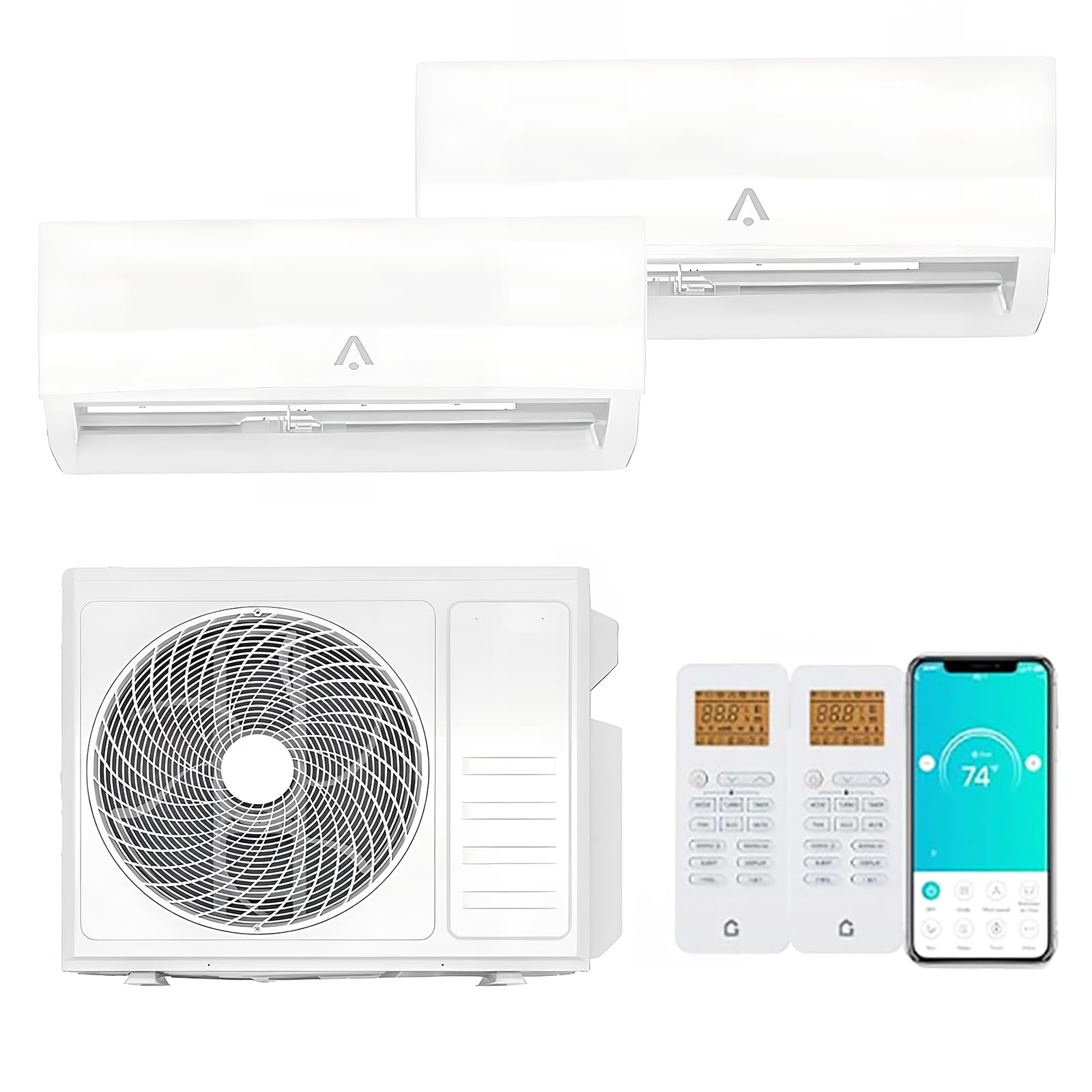18000 BTUs Split Air Conditioner Dual Zone with Heater, IDU 9K BTU x2, ODU x1, App Control, 20 SEER2, 230v, 900 Sq.Ft,Multi Zone Ductless AC Units for Home, Office, Living Room, AHRI Certified