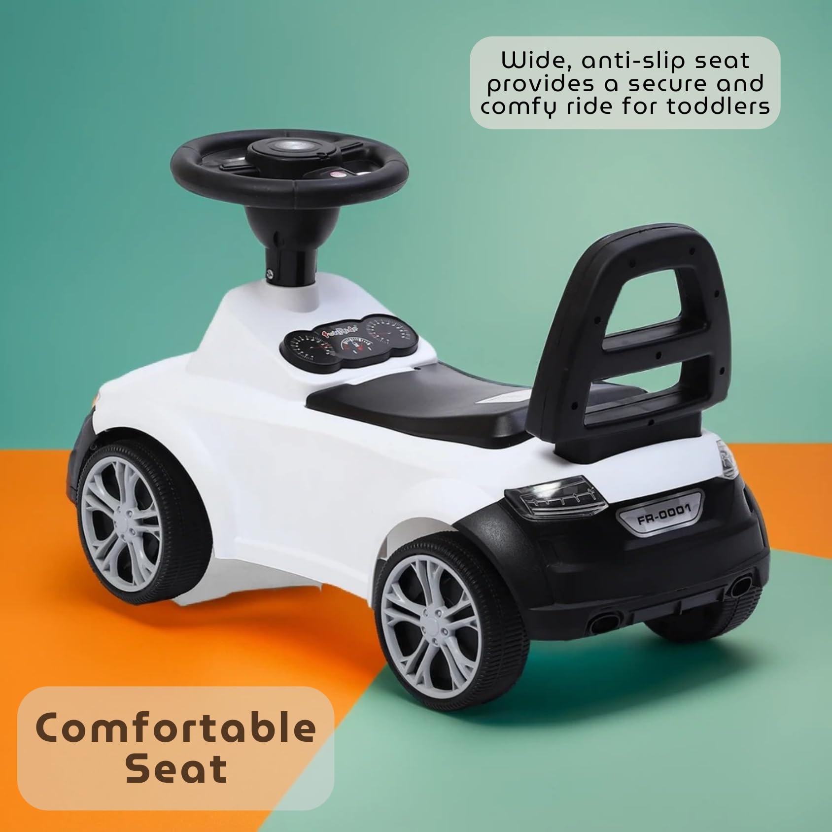 Fun Ride R8 Kids Push And Ride Racer, Ride On Push Car With Horn, Music, Light, Backrest And Under Seat Storage - 1 To 3 Years Universal Wheels, Kids Toy Car - (Weight - Upto 20 Kg),White 1