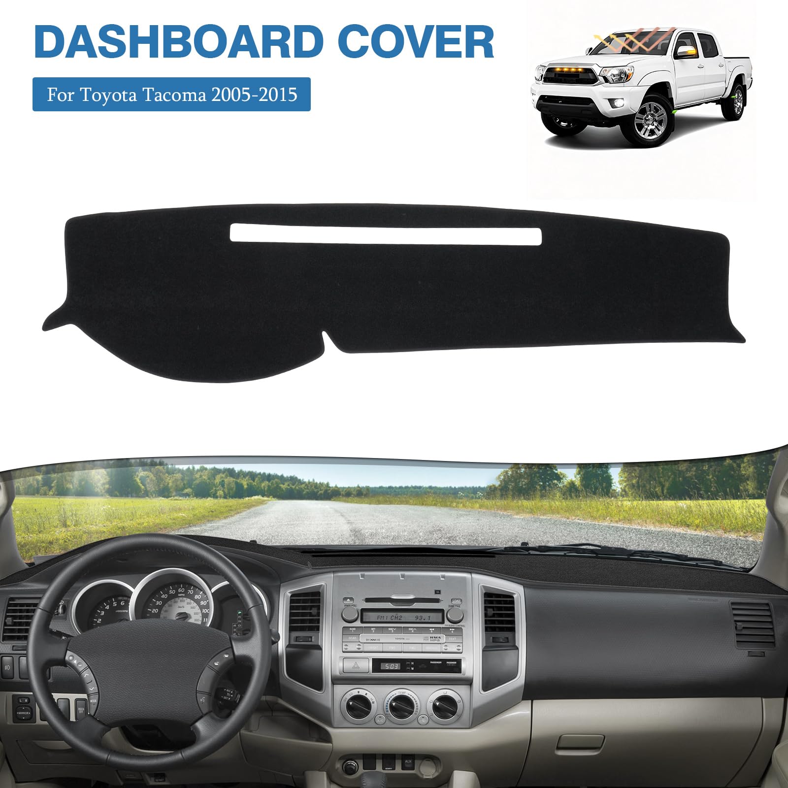 FIILINES Cubierta de salpicadero para Toyota Tacoma Pickup 2005-2015, accesorios para salpicadero, cubierta de salpicadero, protector de malla antideslizante, color negro