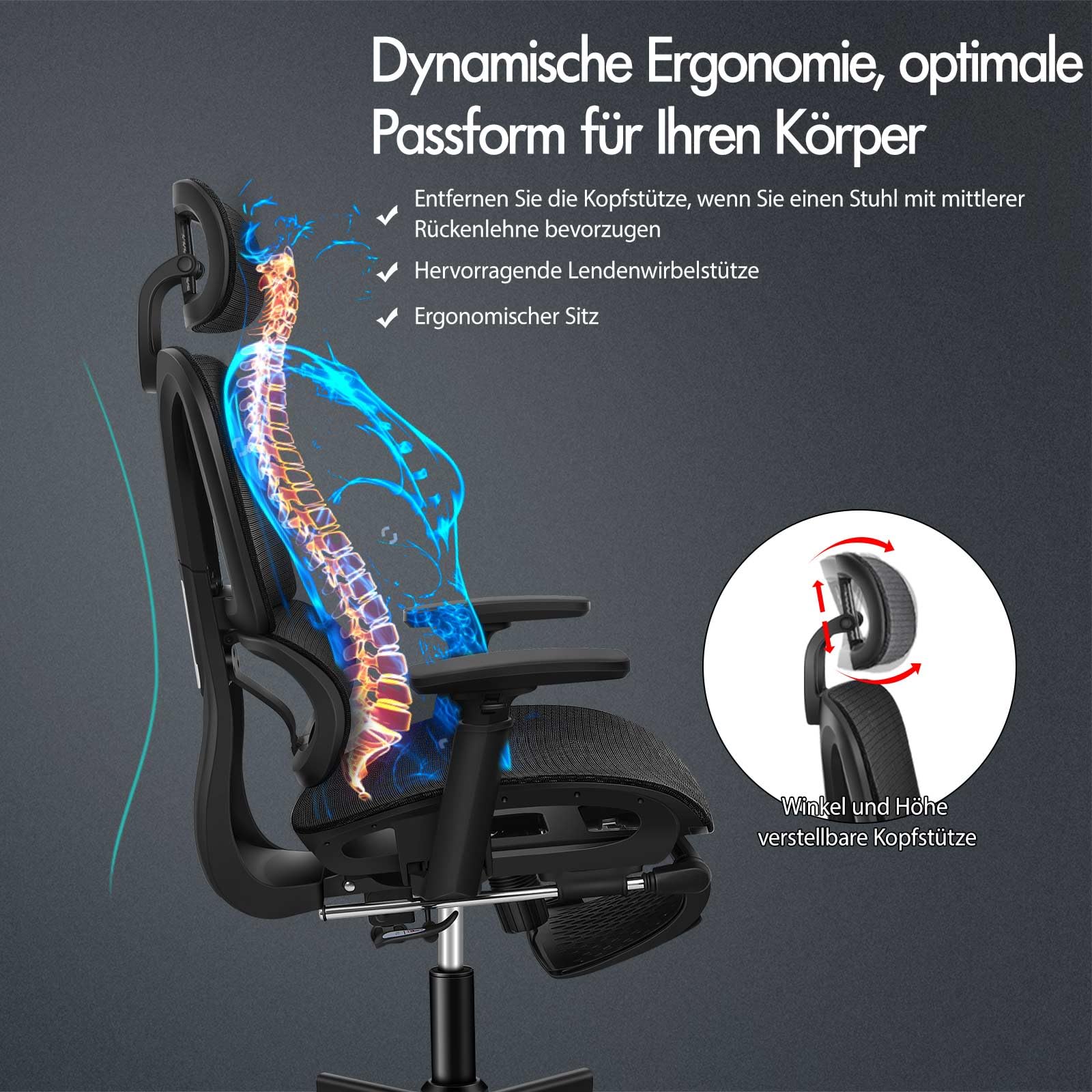 ALFORDSON Bürostuhl Mesh Chefsessel Ergonomischer Schreibtischstuhl, verstellbare Kopfstütze Höhenverstellung, hoher Rückenlehne Netzstuhl Verstellbarer Armlehne,Besprechungsstuhl, bis 180 kg,Schwarz