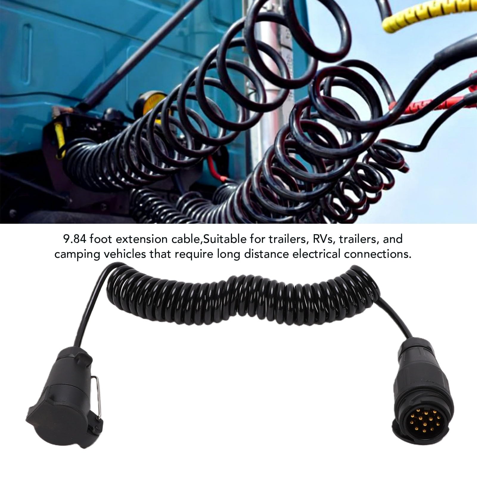 Aramox Przewód Przedłużający z wtyczką 13-pinową do Gniazda 7-pinowego do Przyczepy, Metalowy i Plastikowy, 9,84 Stopy, Spiralny, Adapter Okablowania Przyczepy Kempingowej