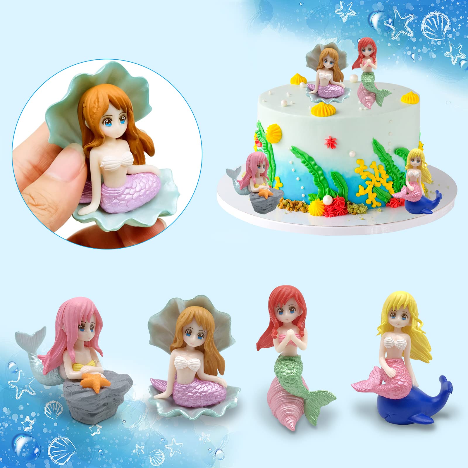 Topper Per Torta A Sirena - 4 Pezzi Decorazione Festa Compleanno
