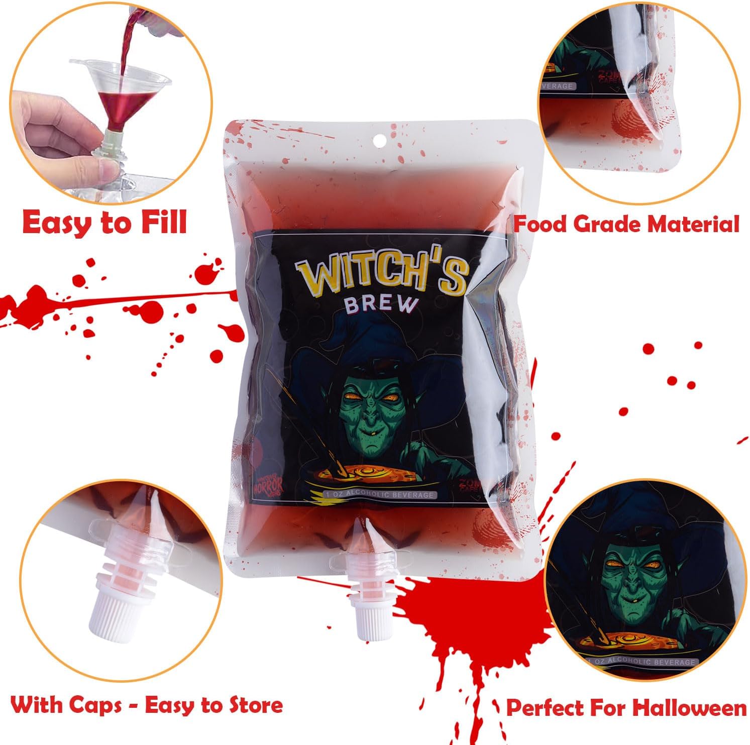 42PCS Halloween Blood Bags for Drinks Party Supplies, 30PCS Reusable Vampire Party Drinking Pouches + 10 Syringes + 2 Funnels, Various Size Containers for Halloween Zombie Nurse Theme Carnival Party Decorations Props image 2
