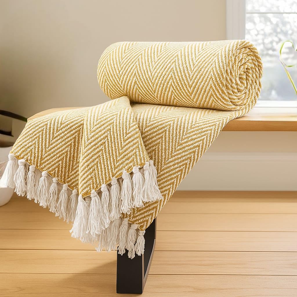 TARANTARAN Cotton Throw Blanket, 127x152 cm, Beige and White Herringbone Pattern, Decorative Tassels, Machine Washable | Orange ZZ |-picture-13
