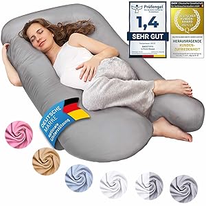 Almohadas de embarazo, almohadas para dormir de lado, almohadas de posicionamiento, almohadas para bebés y para lactancia en forma de U, funda lavable 100% algodón (Junior XL, 120 x 70 cm, Gris)