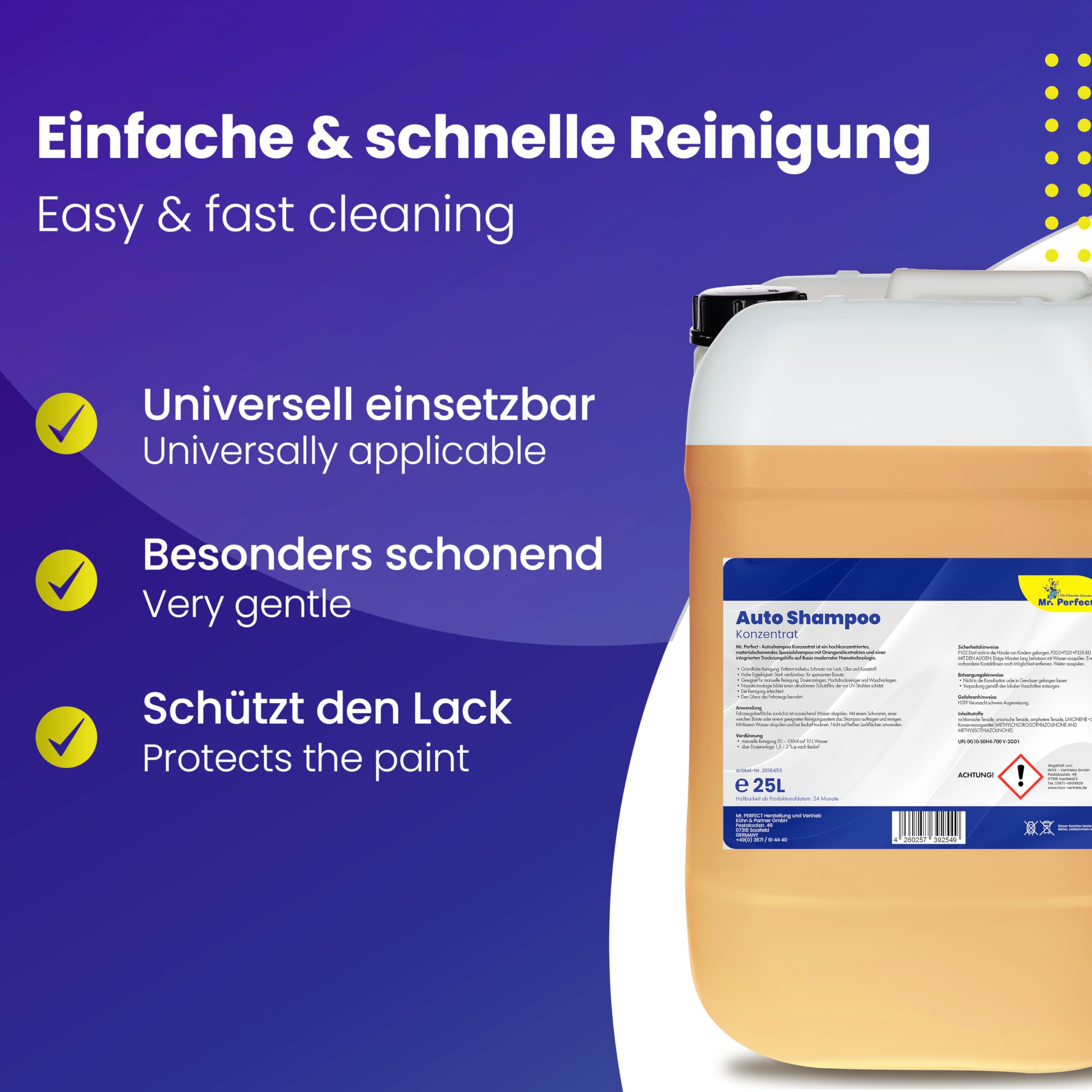 Mr. Perfect – Autoshampoo Konzentrat im praktischen 25L Kanister | Autoshampoo für Hochdruckreiniger und Waschanlagen | Autoreiniger mit Abperleffekt