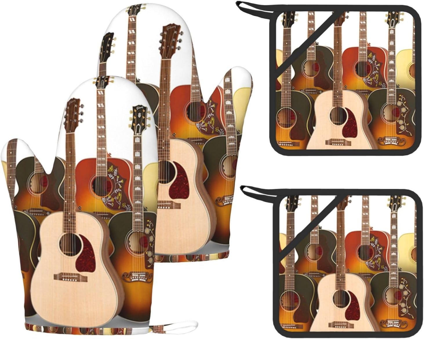 Guitar Oven Mitts and Pot Holders Set of 4 Heat Resistant Kitchen Gloves with Silicone Palm Hot Pads for Baking Cooking Grilling BBQ