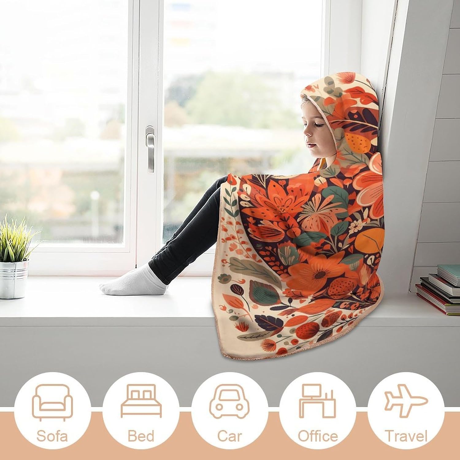 Folk Style Flowers Hooded Blanket Cozy And Functional,Wearable Blanket Hoodie for Women Men,Blanket Poncho Presents50 x60