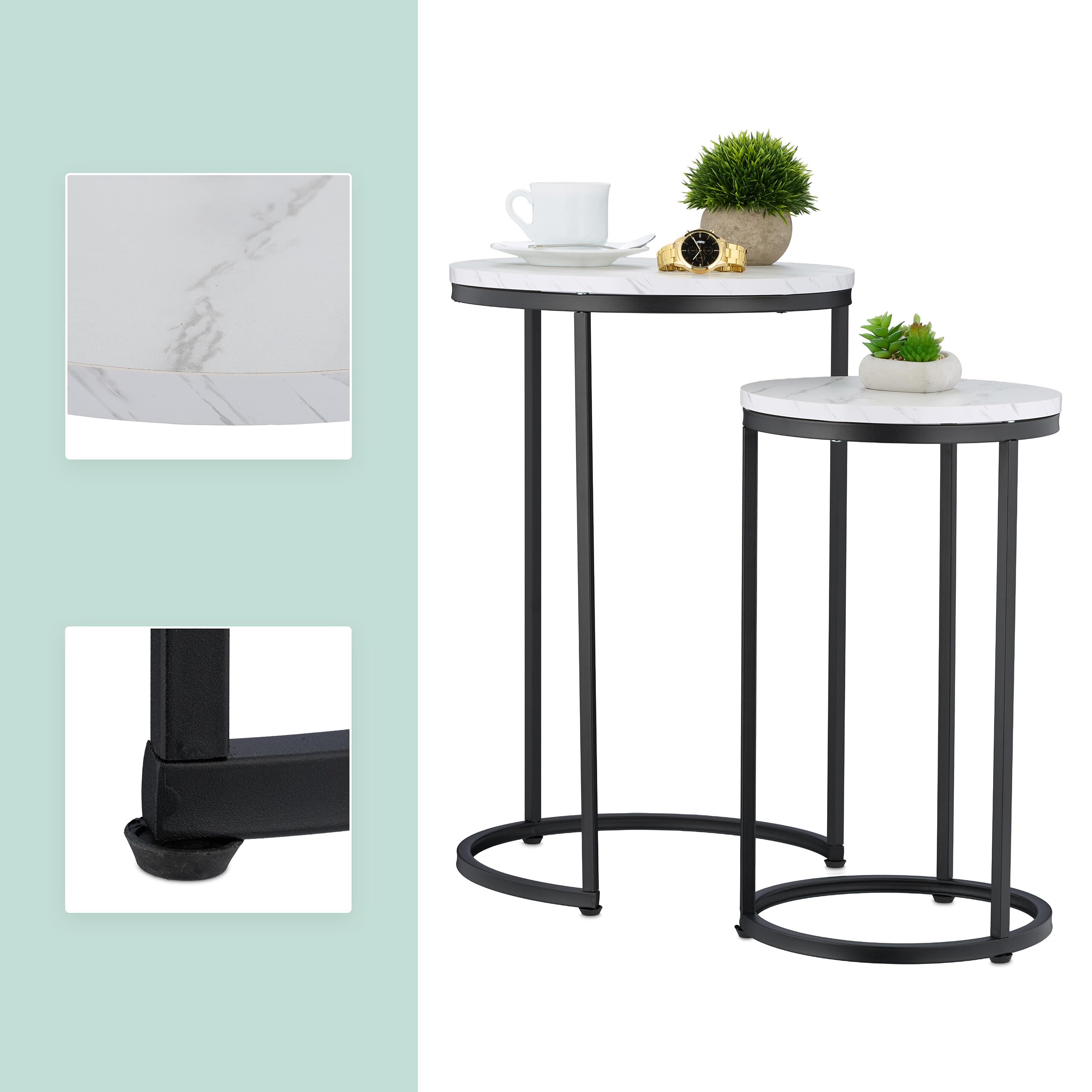 Relaxdays Tavolini da Salotto, Set da 2 Tavoli Bassi da caffè da Divano, Comodini Rotondi Effetto Marmo, Nero Bianco