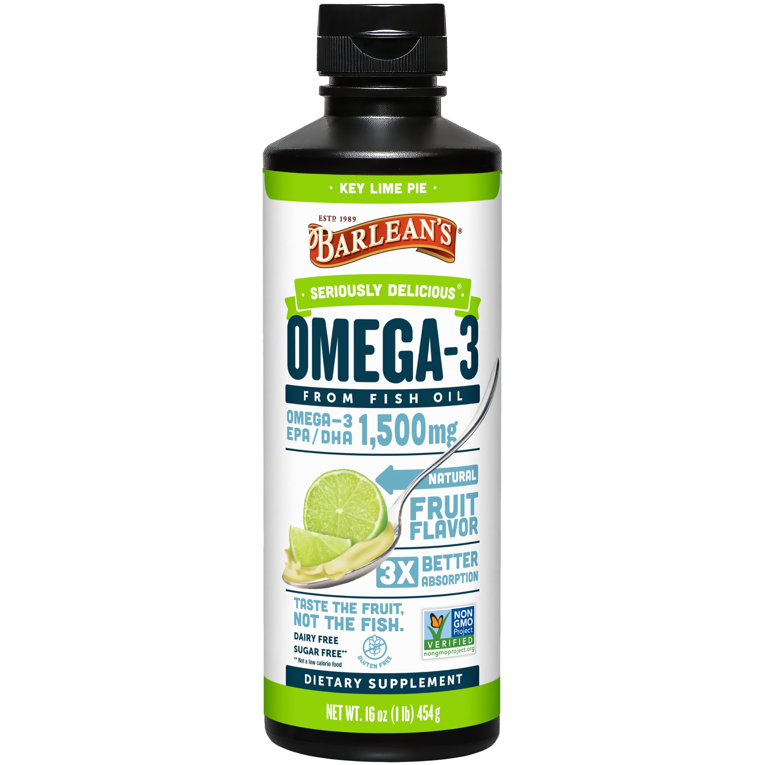Omega 3 Fish Oil Liquid Supplement for Men and Women, 1500mg of EPA and DHA Fatty Acid, Promotes Brain & Heart Health - Non-GMO, Key Lime Pie, 16 oz