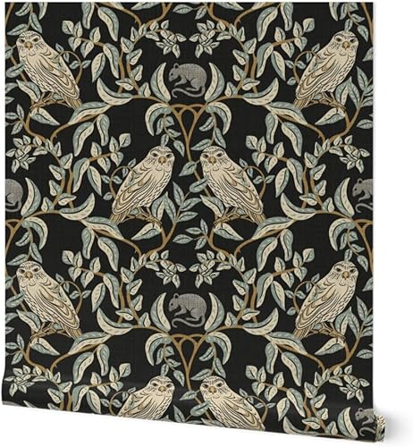 Spoonflower Muestro de papel tapiz extraíble - Little Owl Damasco William Morris Farmhouse Arts and Crafts Birds of Prey - Papel tapiz de transición