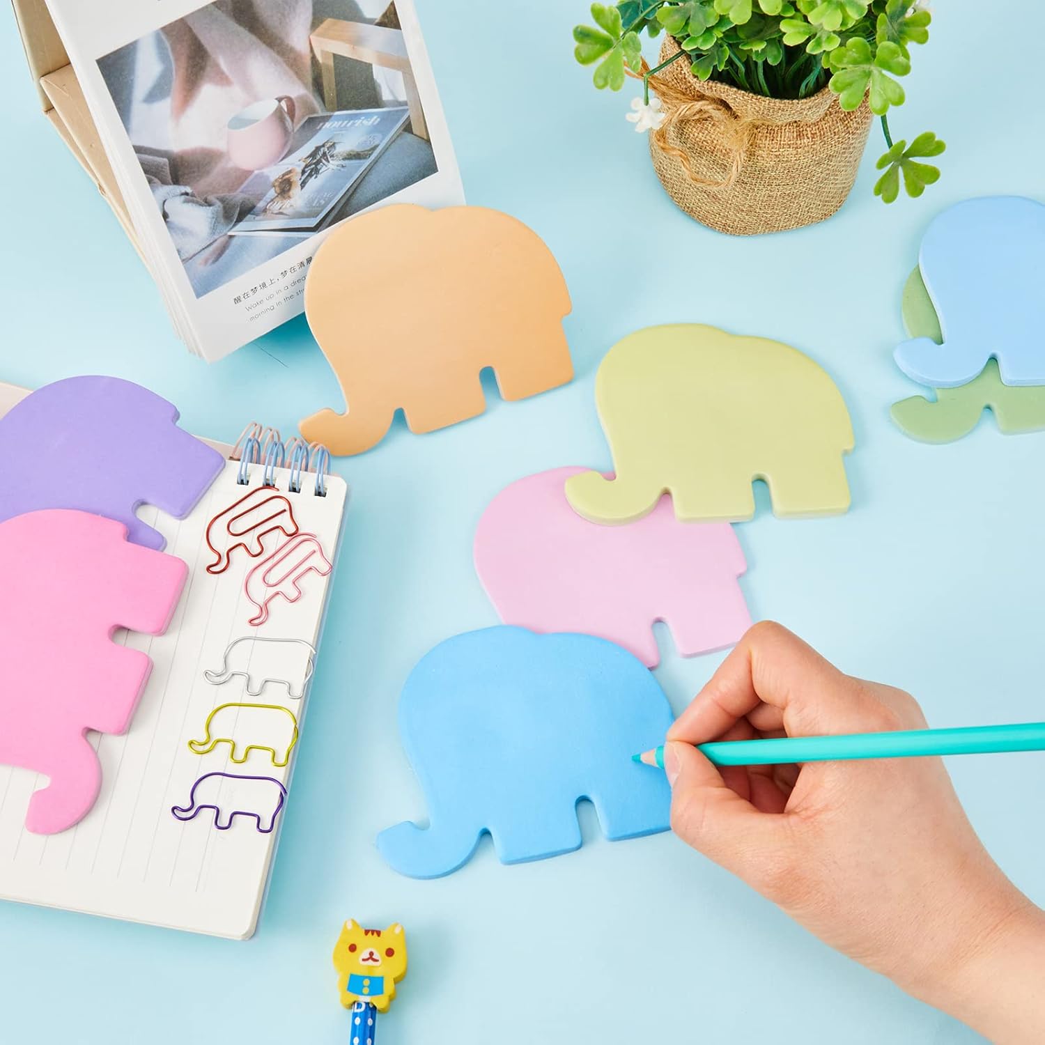 Gueevin 240 Sheets Sticky Notes and 60 Pcs Cute Paper Clips Set Creative Self Stick Note Pads Colorful Memo Pad Cute Animal Lover Gift(Elephant)
