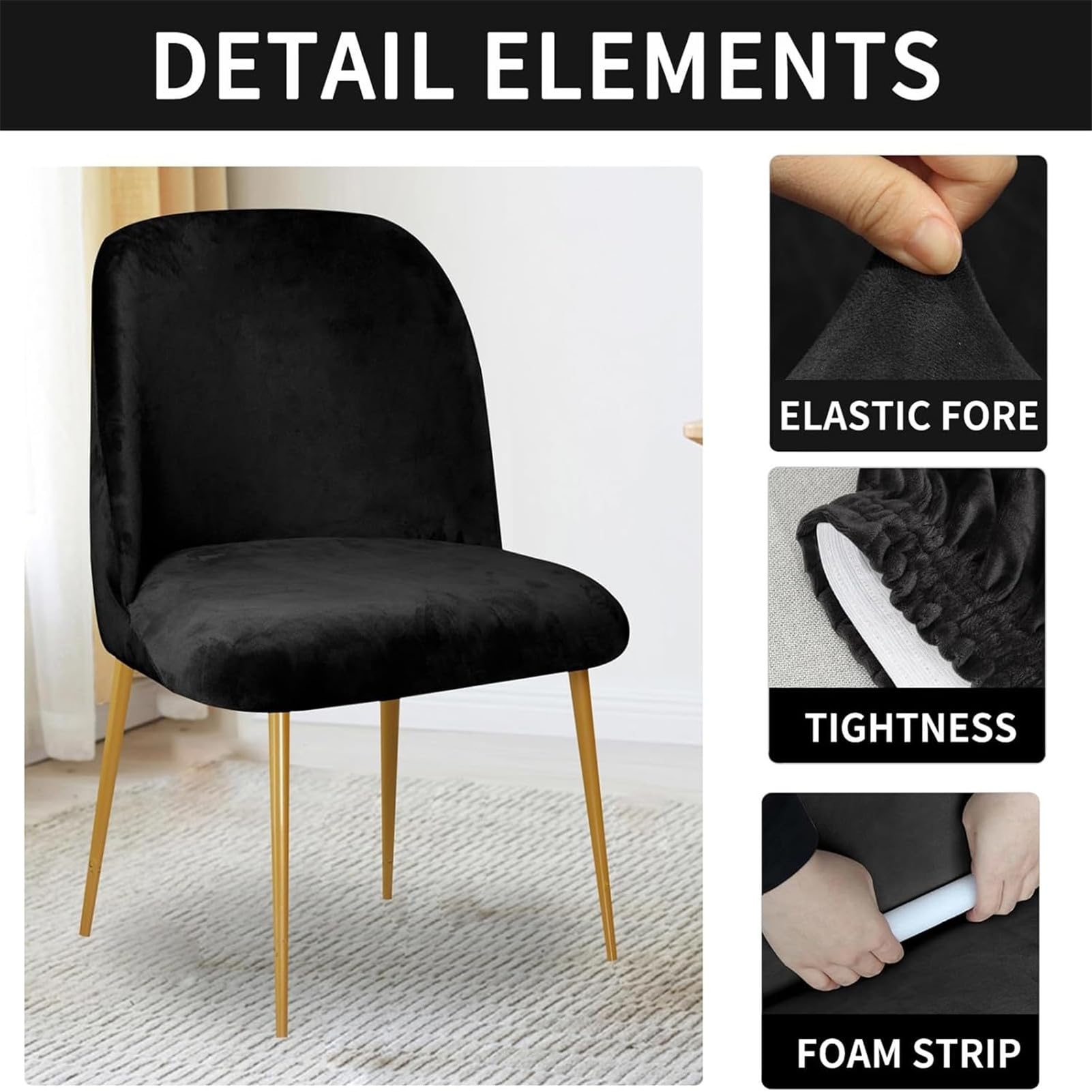 Set di 4 coprisedie senza braccioli con schienale curvo nero, protezioni elastiche per sedie rotonde da ufficio, stile scandinavo, per sala da pranzo e ufficio