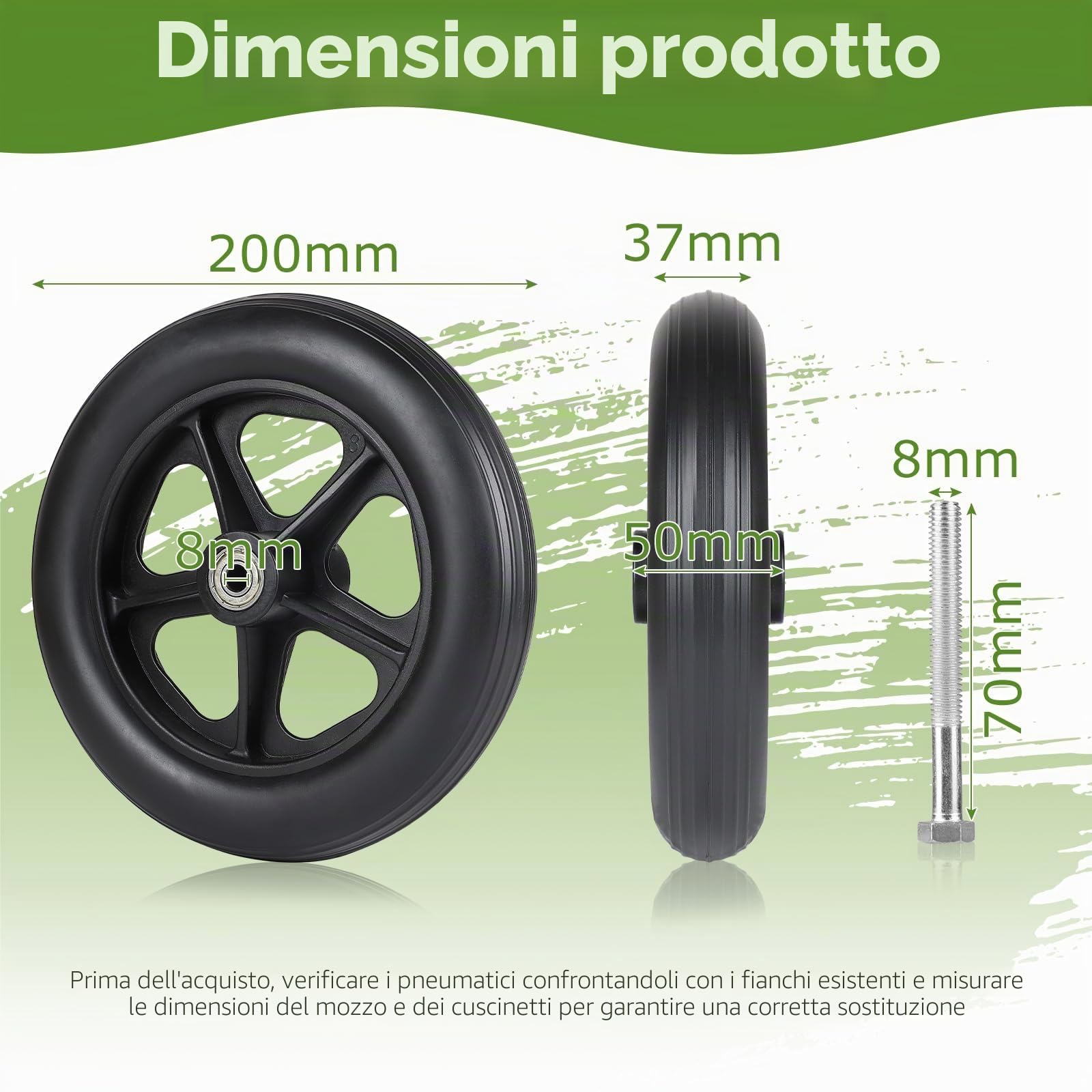 DBREAKS Ruota di ricambio per ruote anteriori, 2 ruote di ricambio solide, 180 mm, ruota anteriore per sedie a rotelle, deambulatori, kit ruote (nero)