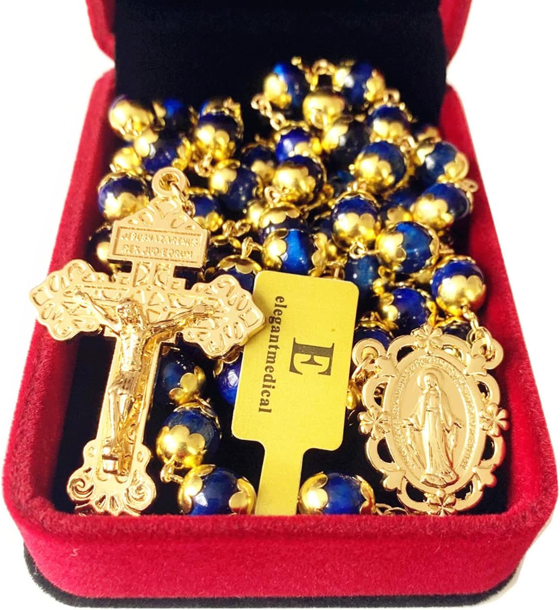 elegantmedical HANDMADE Tiger Eye Prayer Beads Catholic Rosary Necklace Gift Box Italy Crucifix Gold