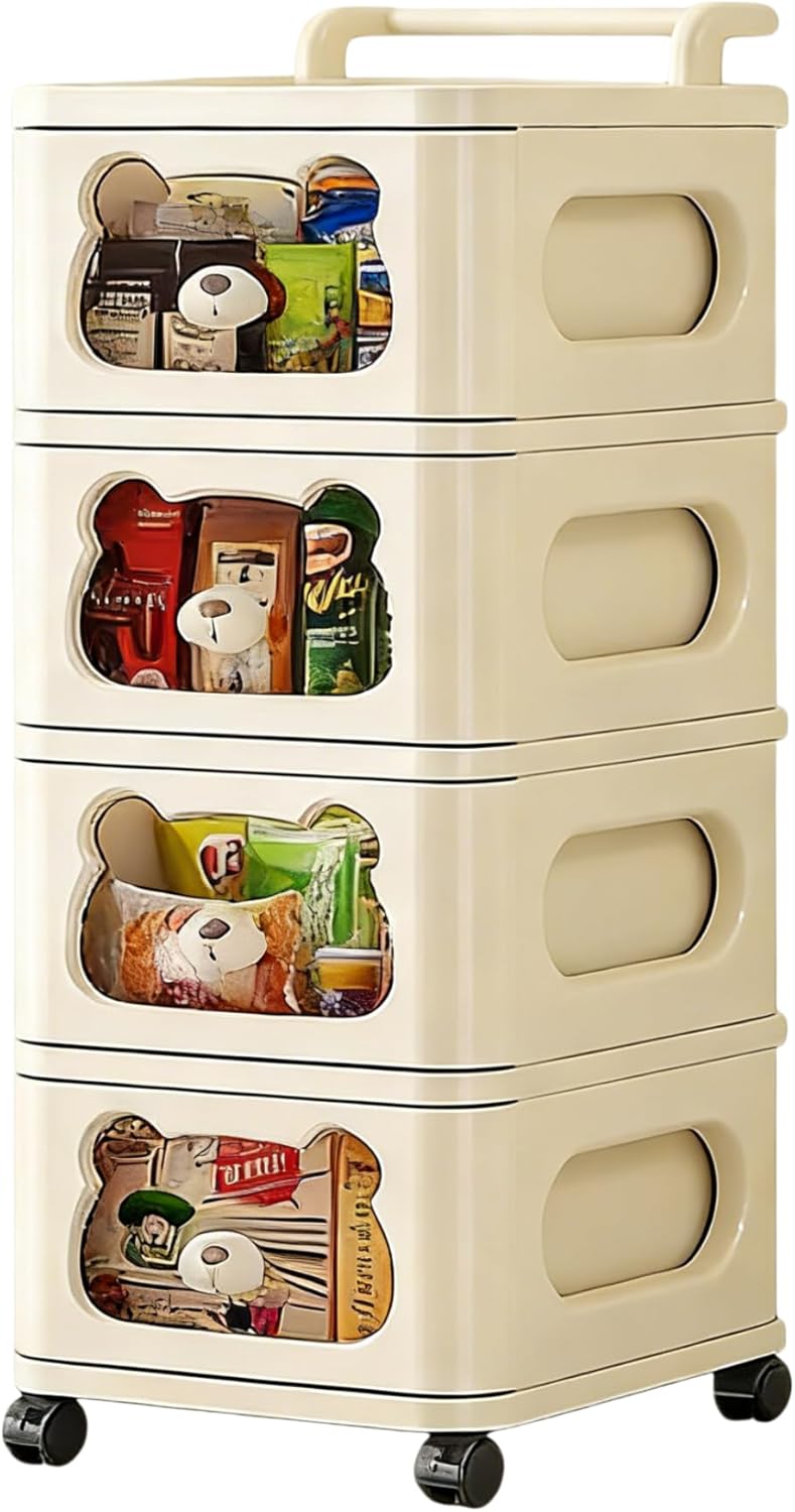 Drawer Storage Organizer, Rolling Storage Cart with 4 Drawers, Plastic Drawer Tower Organization Storage Container with Wheels for Home, Bathroom, Kitchen, Entryway, Office, Dorm