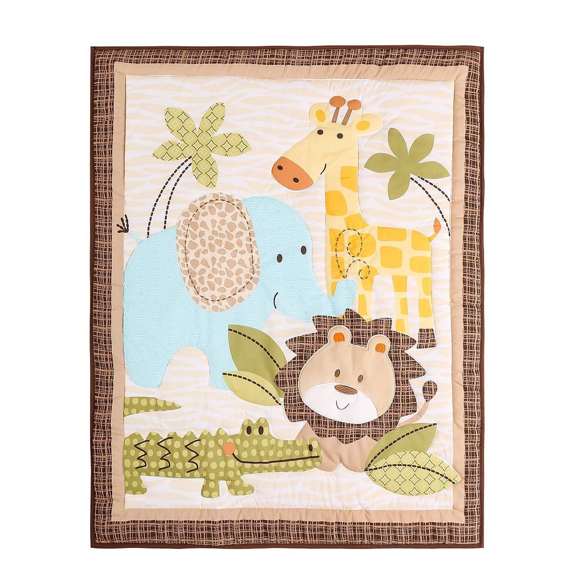 Brandream Juego de ropa de cama para cuna, safari en la selva, juego de ropa de cama para bebé, elefante, león, jirafa, animal, cuna, sábana bajera, falda de cuna, 3 piezas verde/amarillo/menta/gris