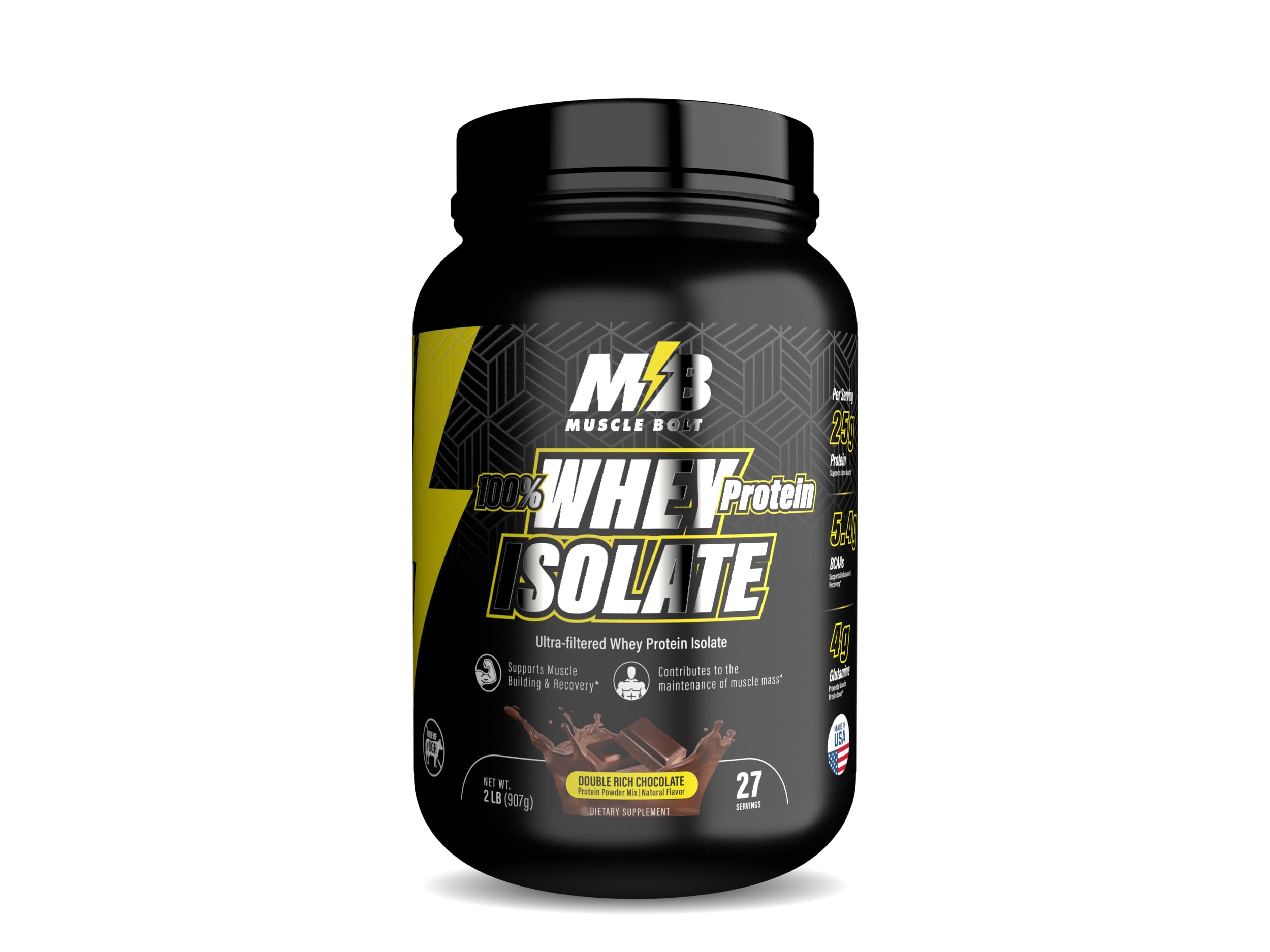 100% Whey Protein Isolate Protein Powder Mix With BCAAs & Glutamine, Double Rich Chocolate Flavor 2lb